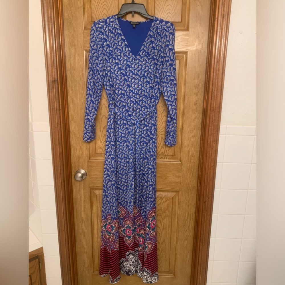Express Maxi long Sleeve button front shirt dress Bohemian Blue EUC XS Boho
